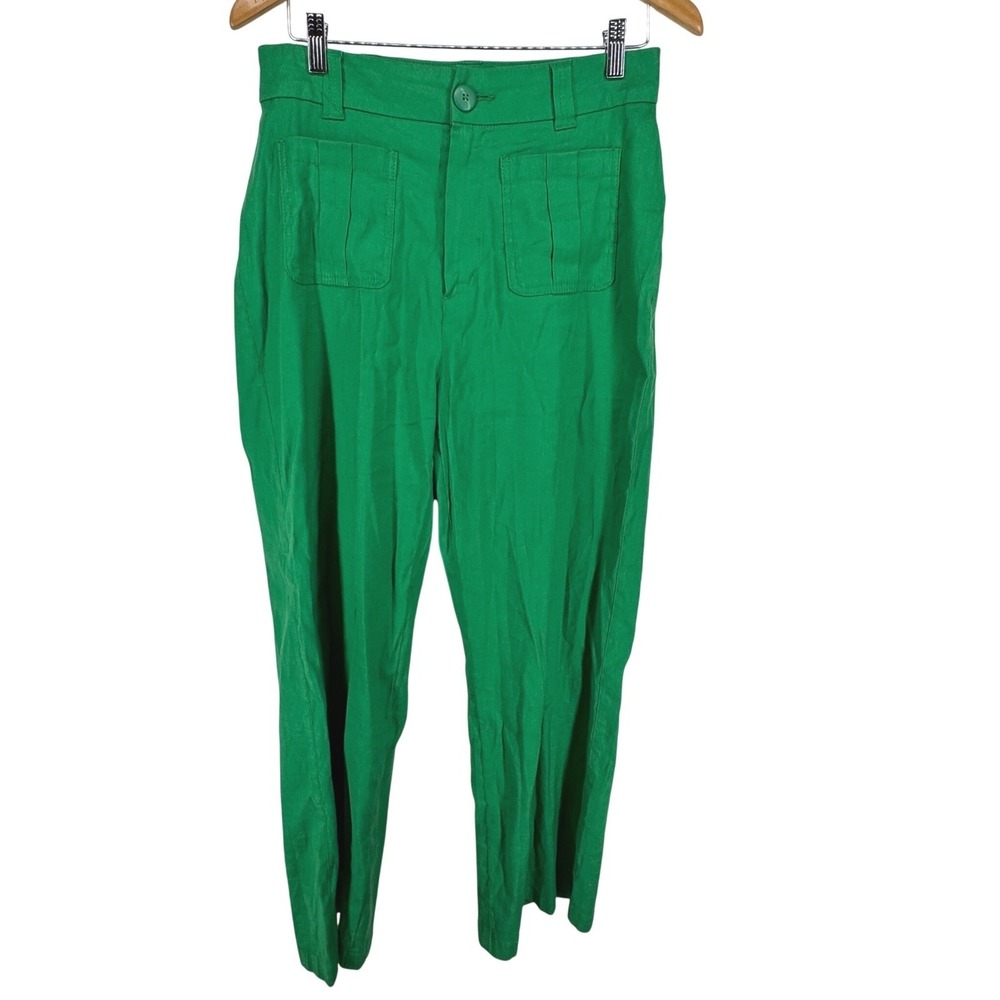 Nicole Miller Linen Wide Leg Pants High Rise Pockets Size 8 Green Patch Pockets
